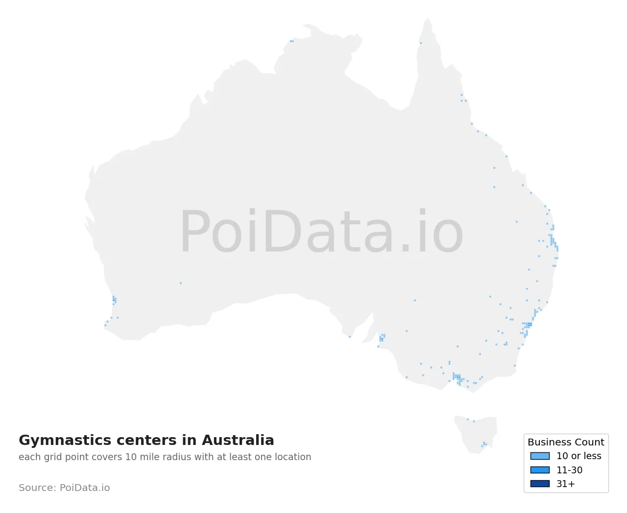 Gymnastics center density map for Australia