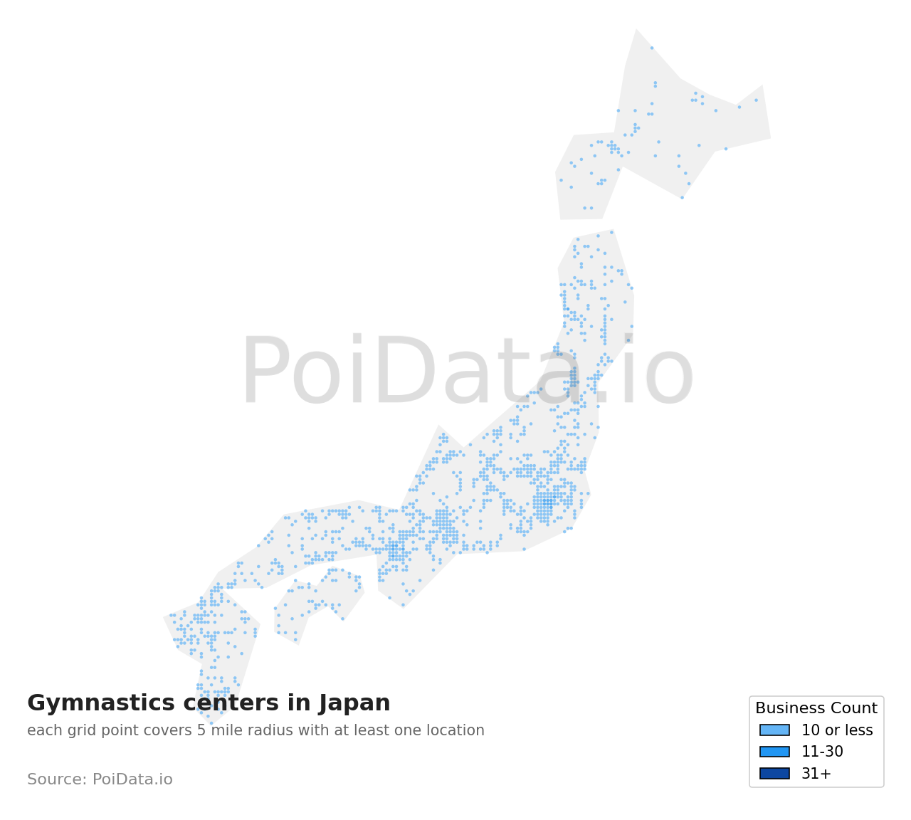 Gymnastics center density map for Hokkaido, Japan