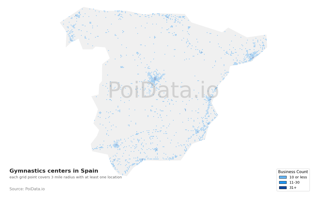 Gymnastics center density map for Spain