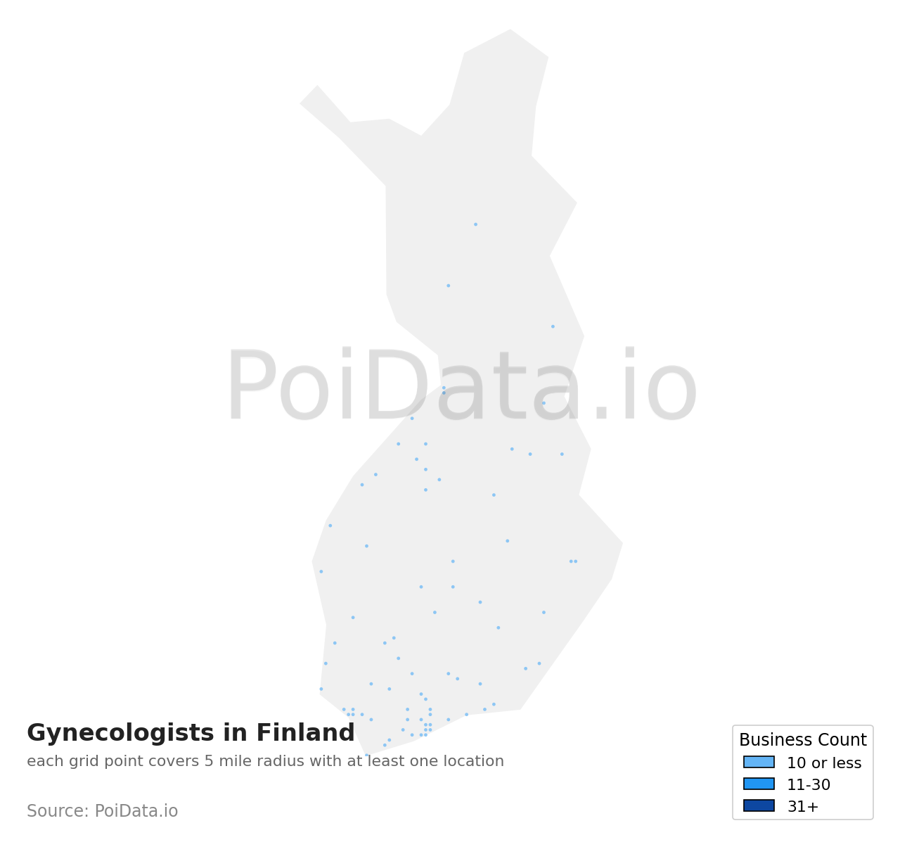 Gynecologist density map for Finland