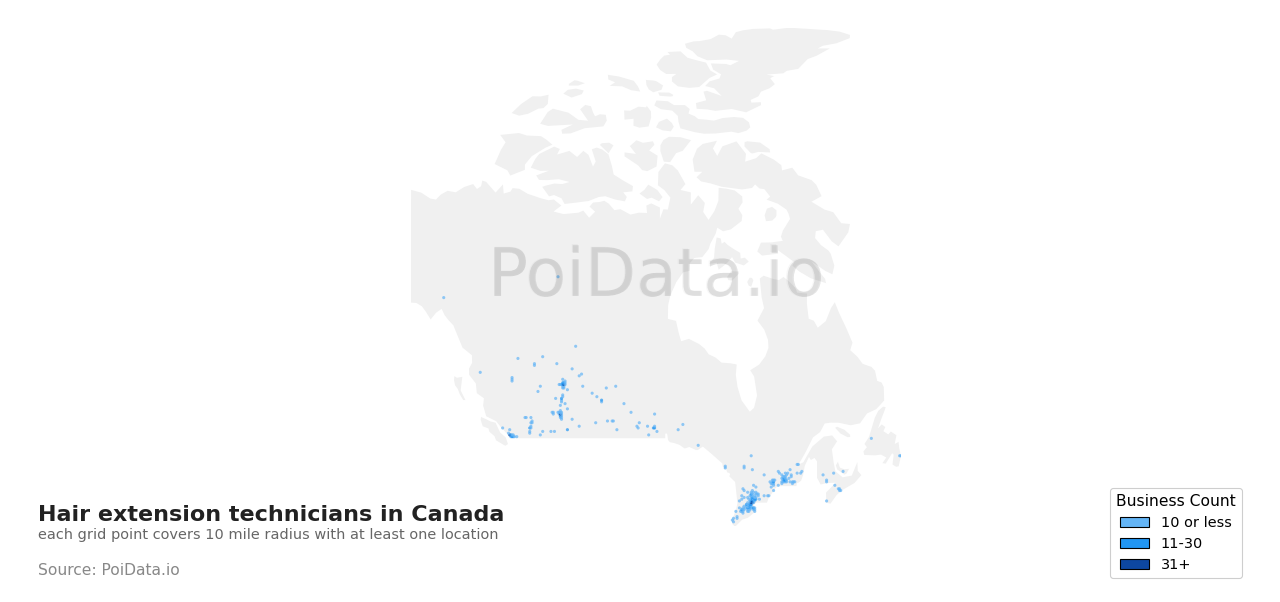 Hair extension technician density map for Canada