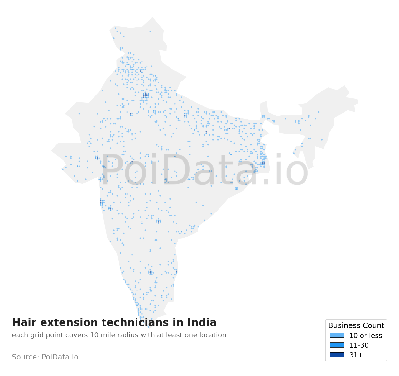 Hair extension technician density map for India