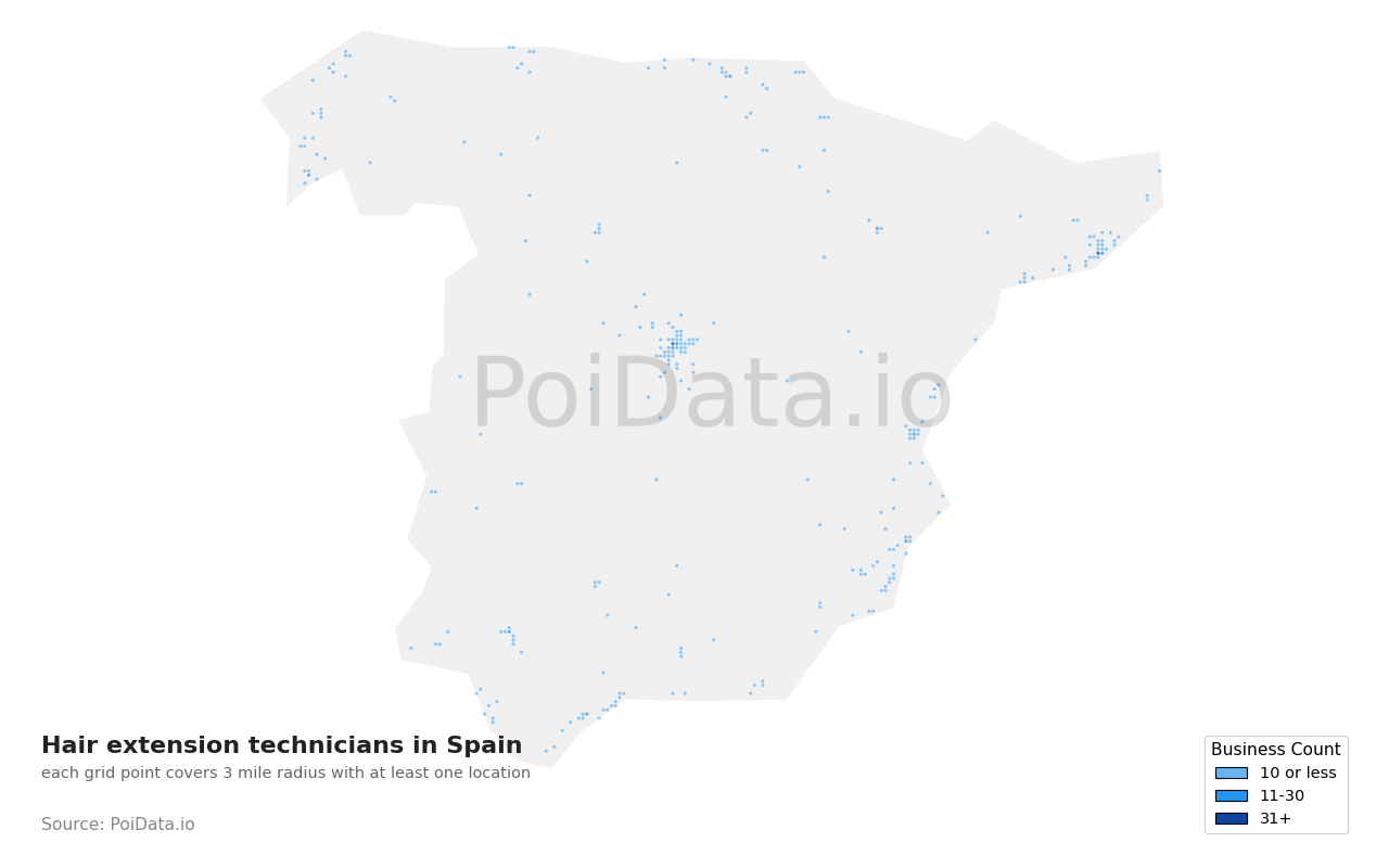 Hair extension technician density map for Spain