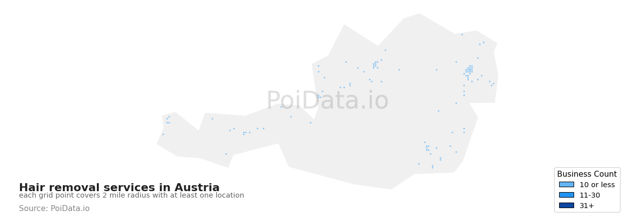 Hair removal service density map for Austria