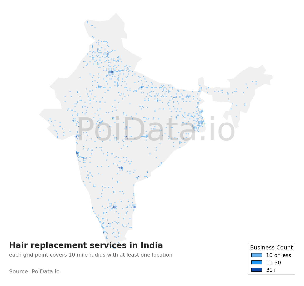 Hair replacement service density map for India