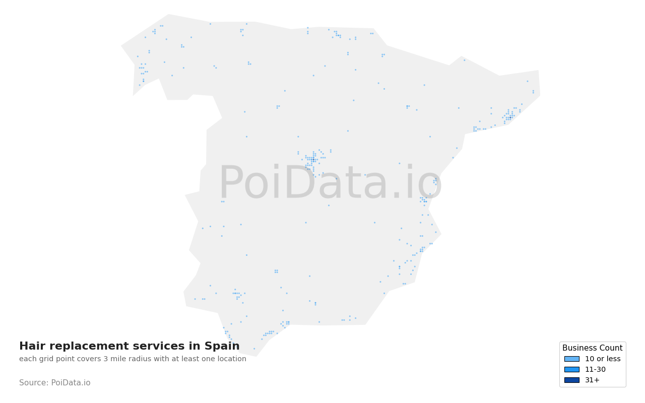 Hair replacement service density map for Spain