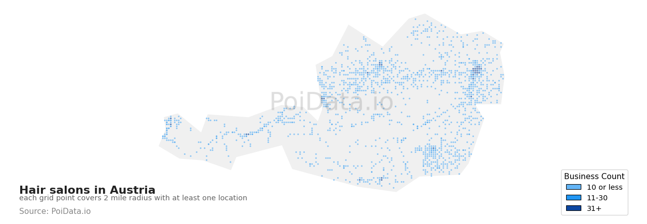 Hair salon density map for Austria