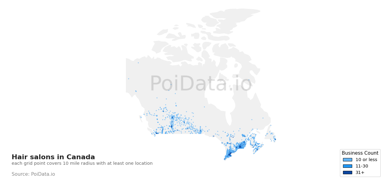Hair salon density map for Canada