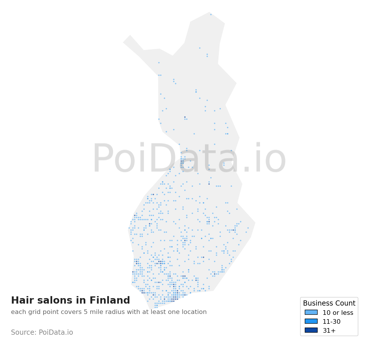 Hair salon density map for Finland