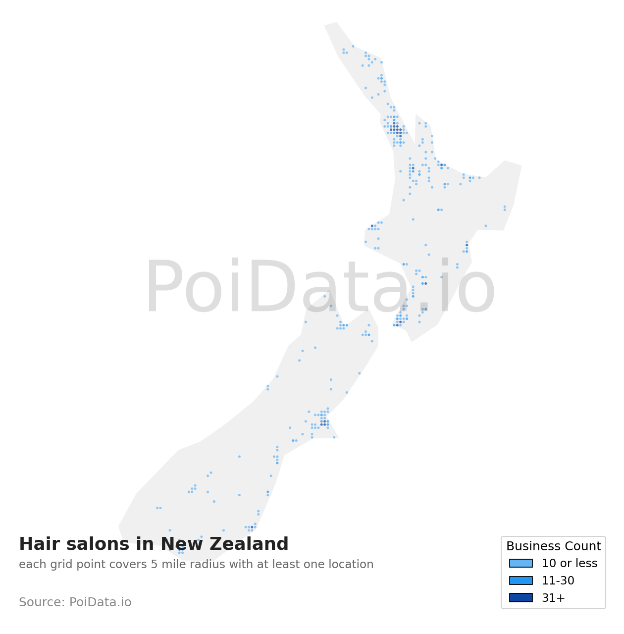 Hair salon density map for New Zealand