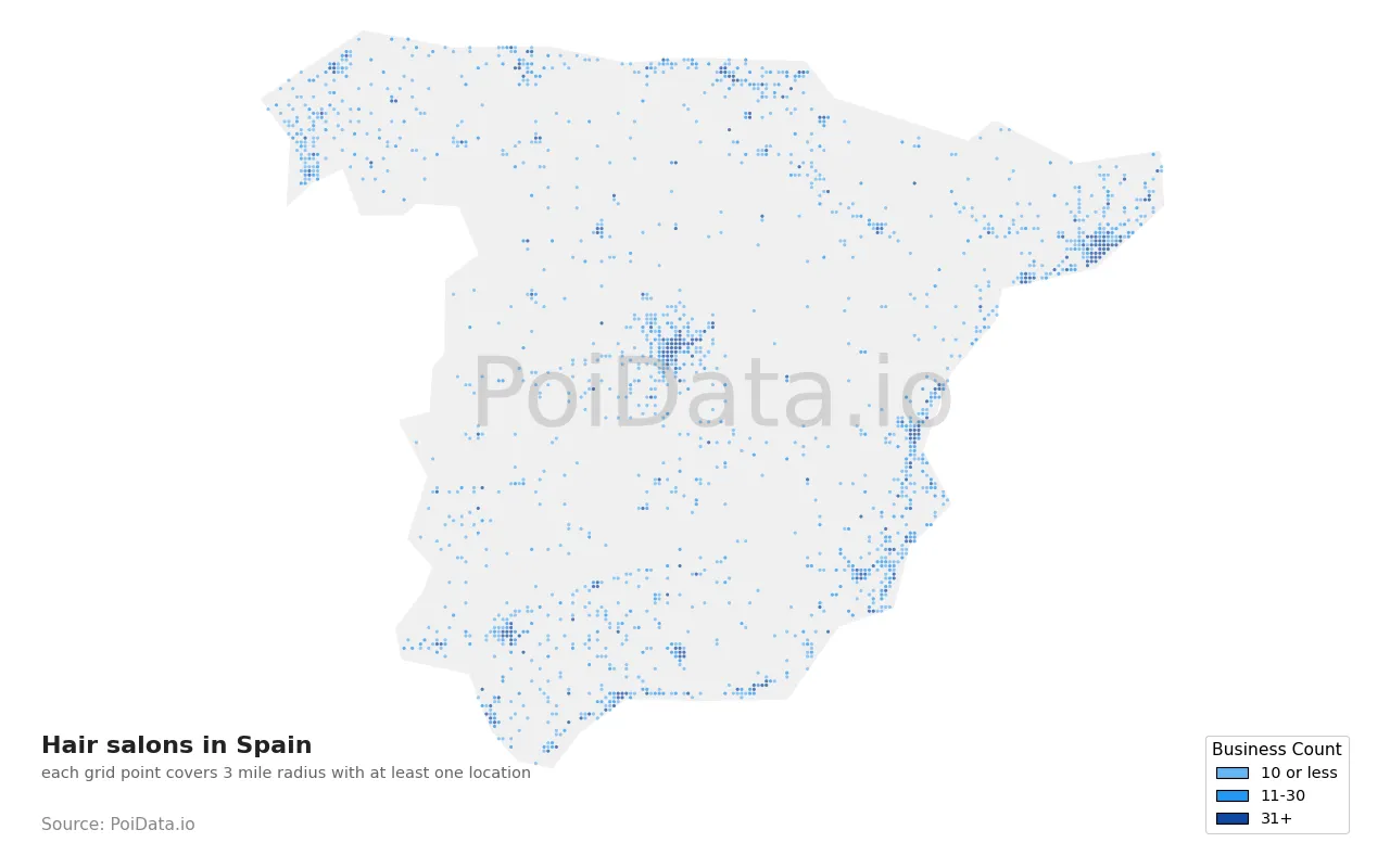 Hair salon density map for Spain
