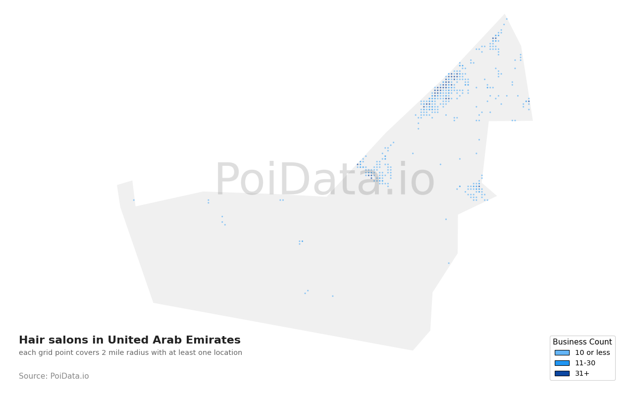 Hair salon density map for United Arab Emirates
