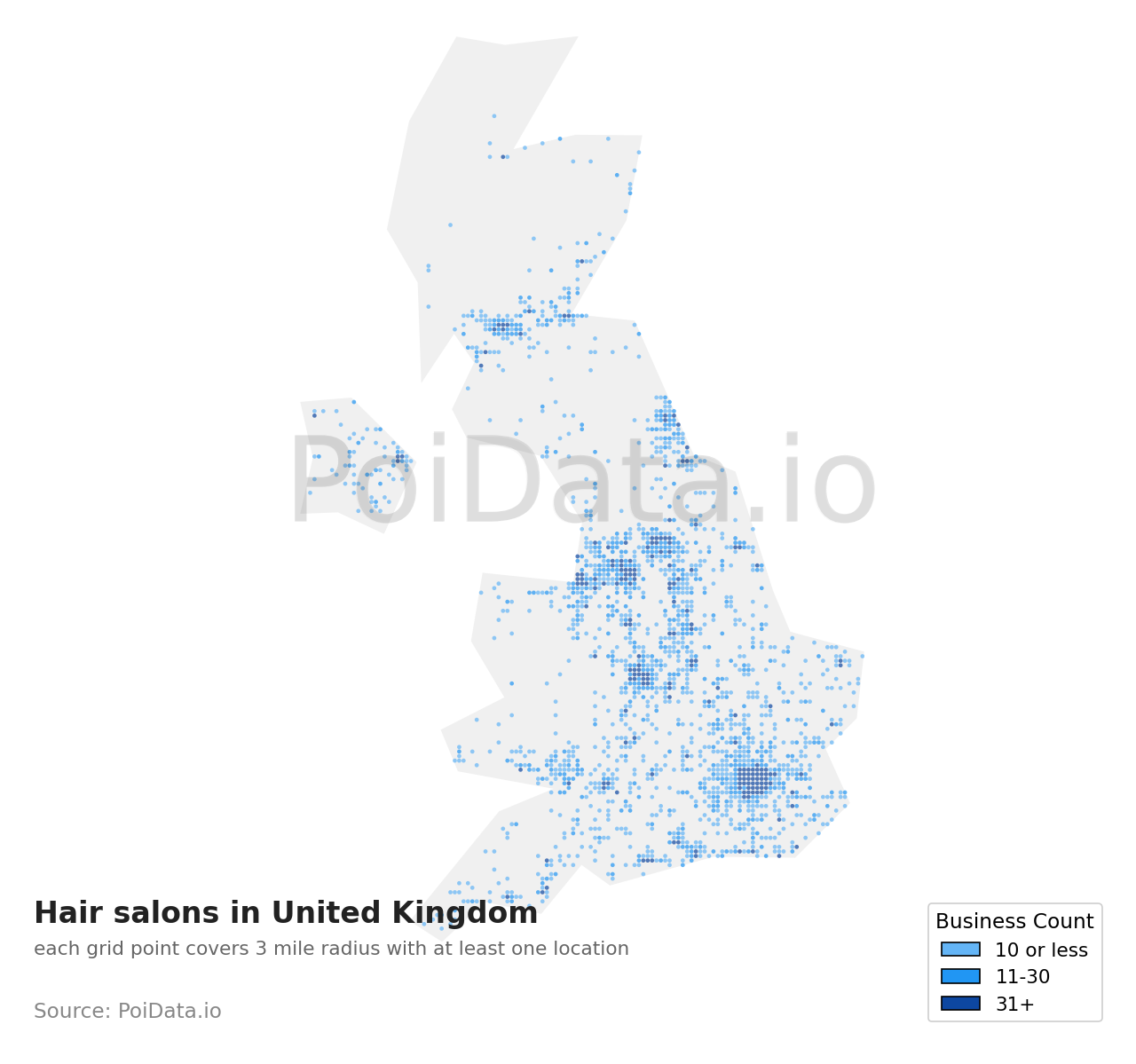 Hair salon density map for United Kingdom