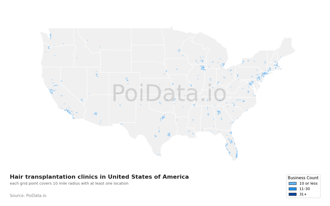 Hair transplantation clinic density map for Texas, United States