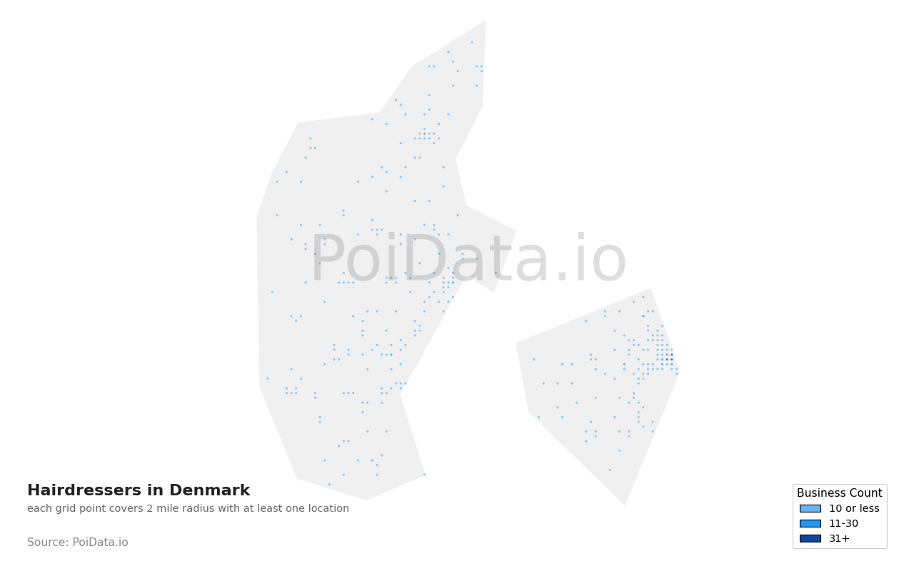 Hairdresser density map for Denmark
