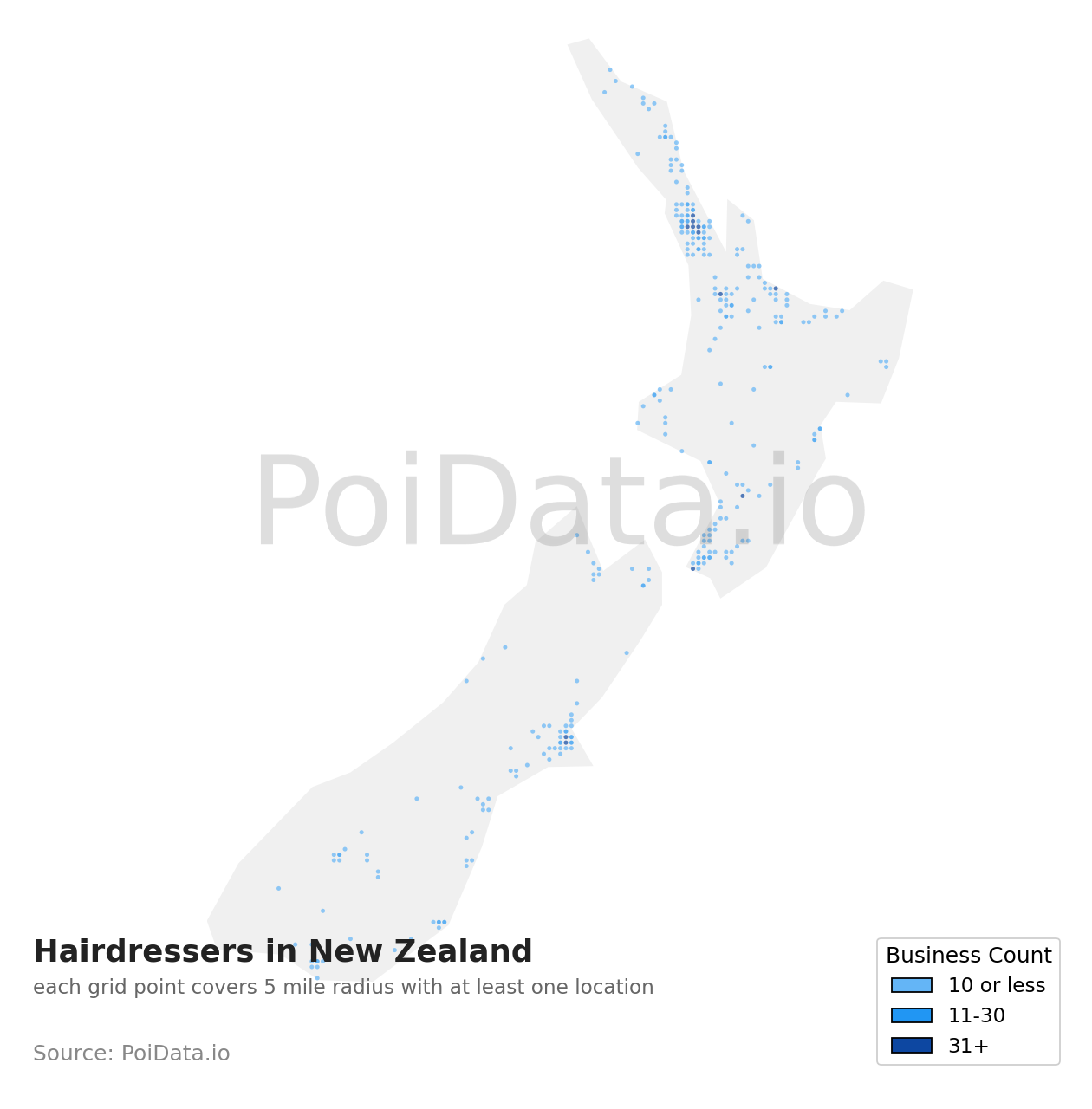Hairdresser density map for New Zealand