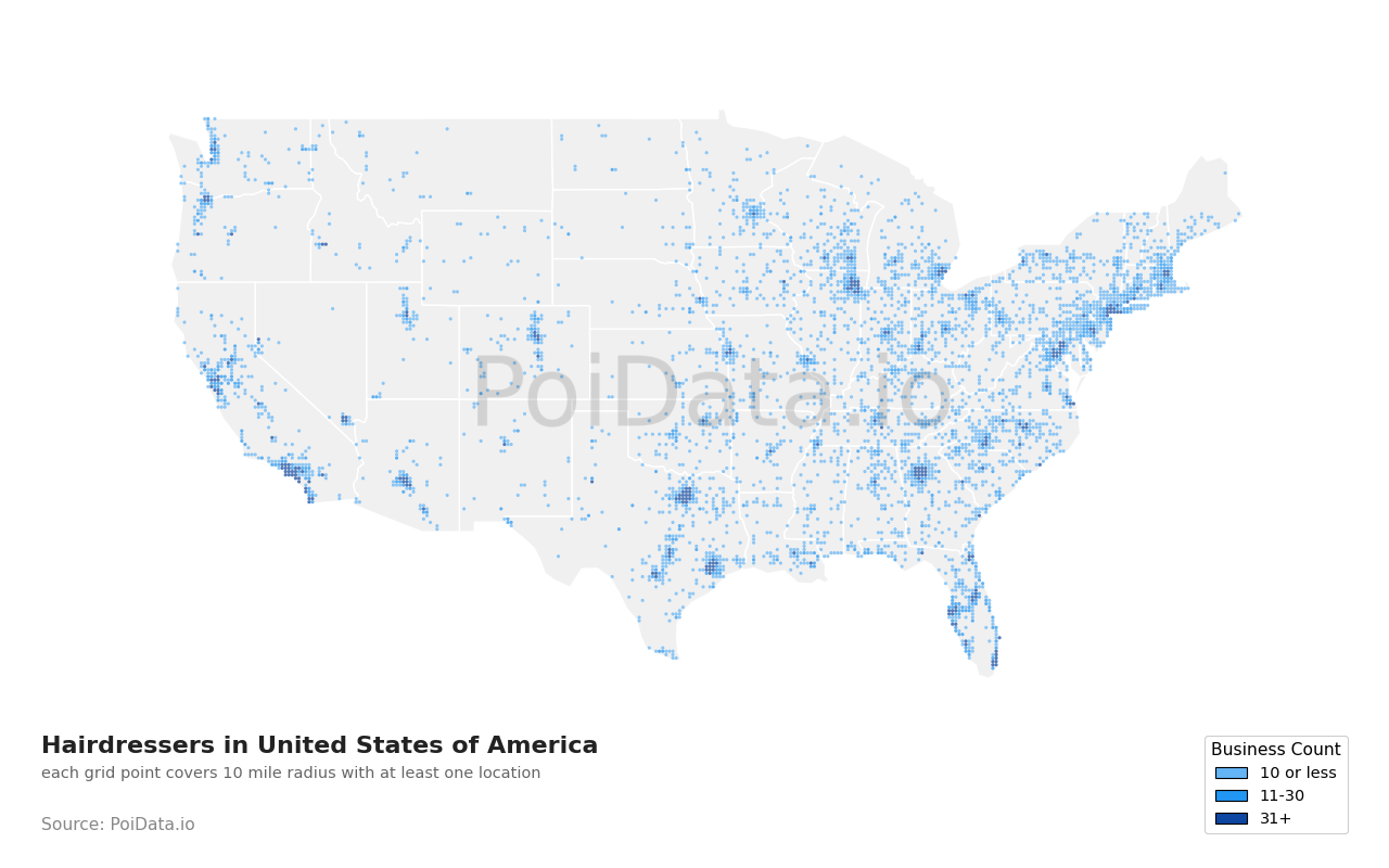 Hairdresser density map for United States
