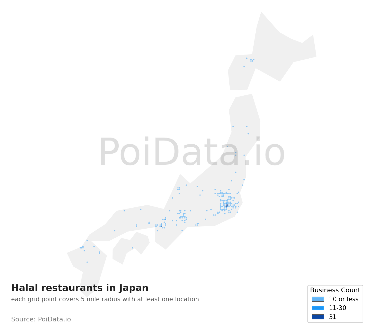 Halal restaurant density map for Japan