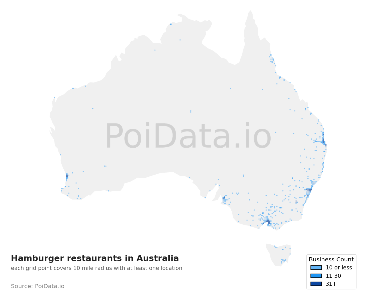 Hamburger restaurant density map for Australia