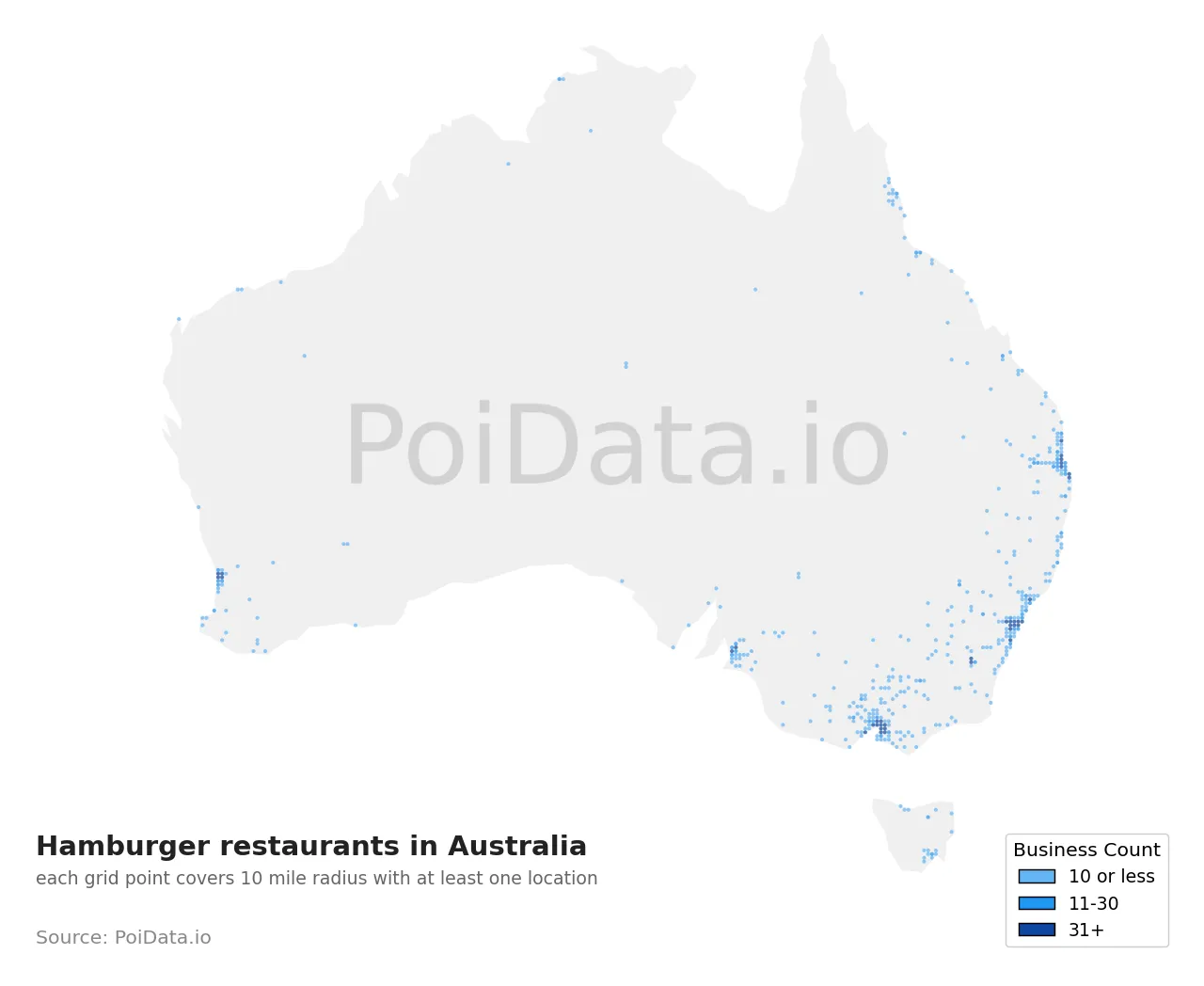 Hamburger restaurant density map for Australia