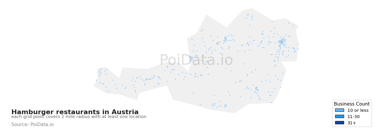 Hamburger restaurant density map for Austria