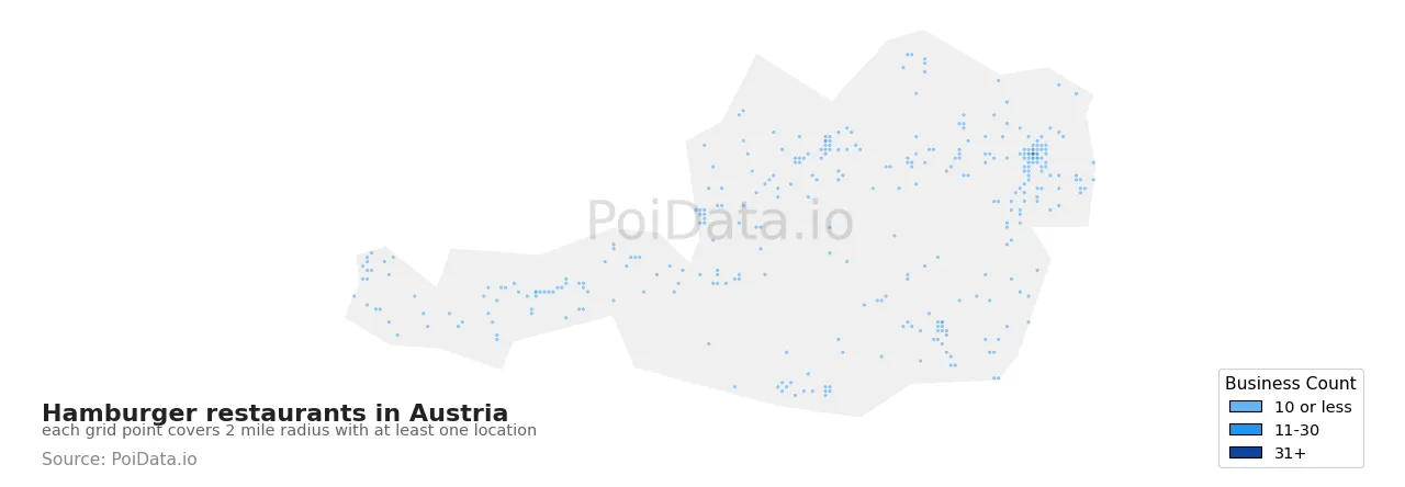 Hamburger restaurant density map for Austria