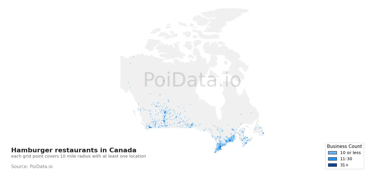 Hamburger restaurant density map for Canada