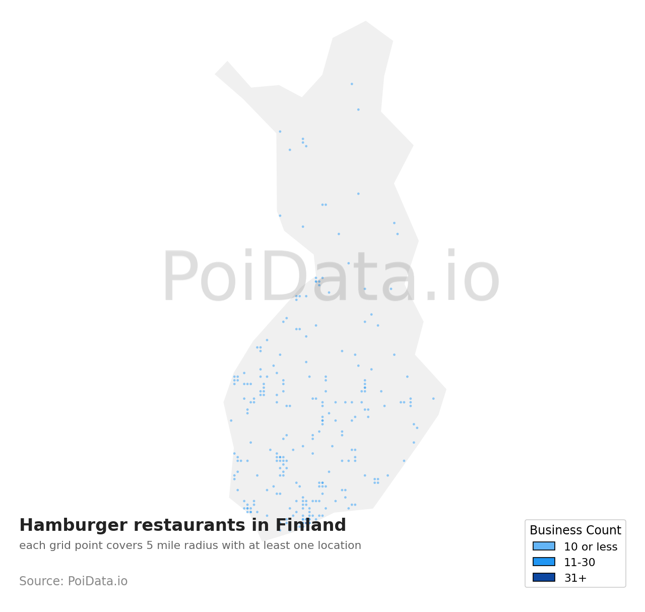 Hamburger restaurant density map for Finland