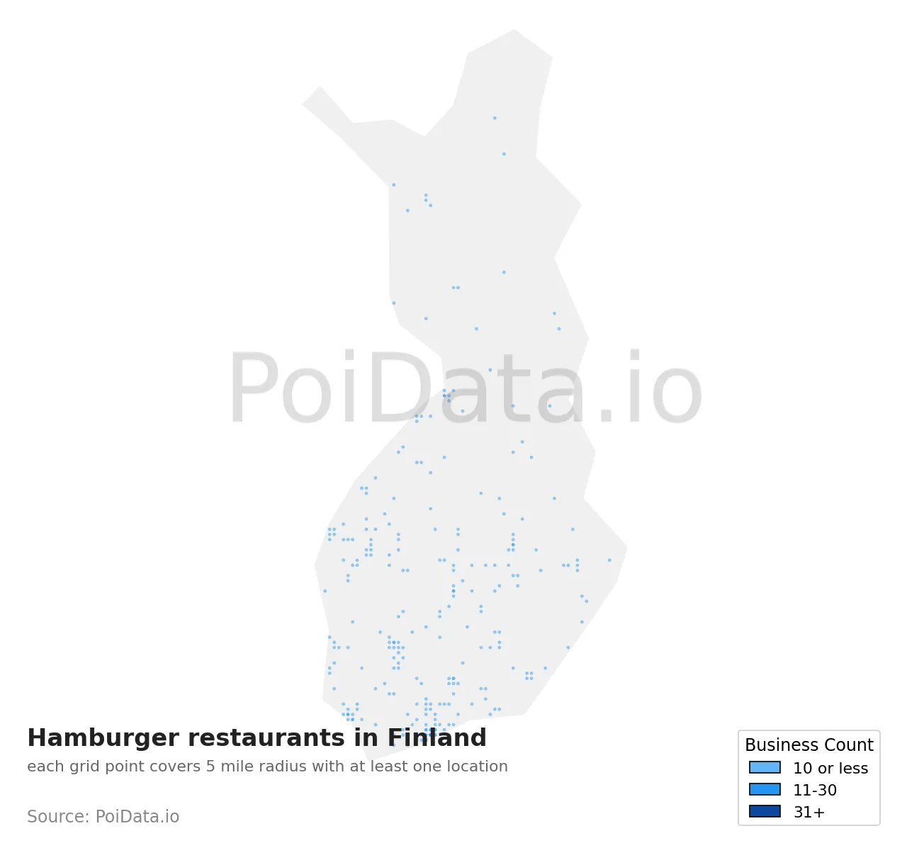 Hamburger restaurant density map for Finland