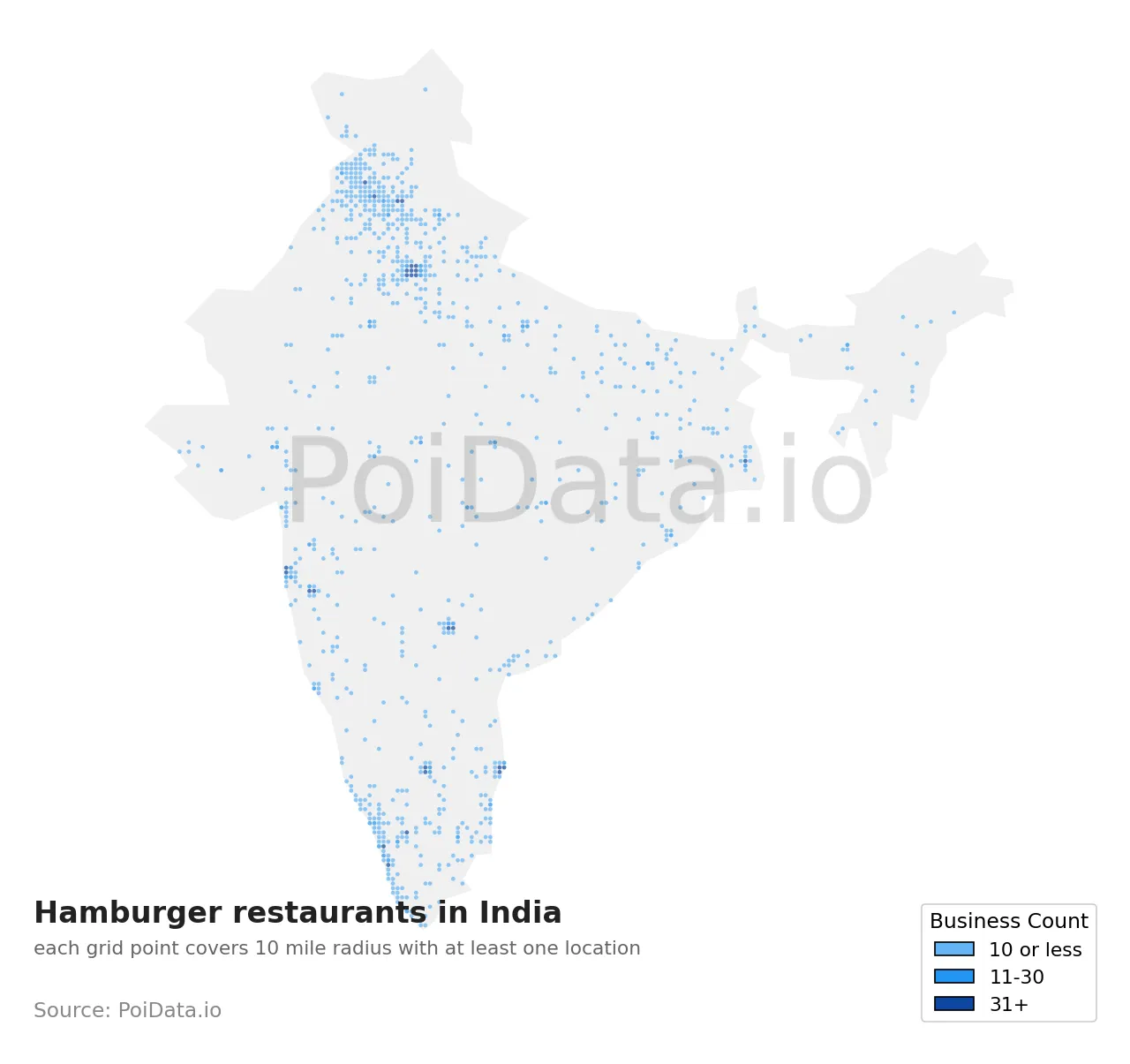 Hamburger restaurant density map for India