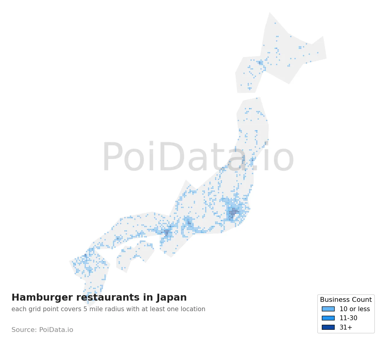 Hamburger restaurant density map for Japan