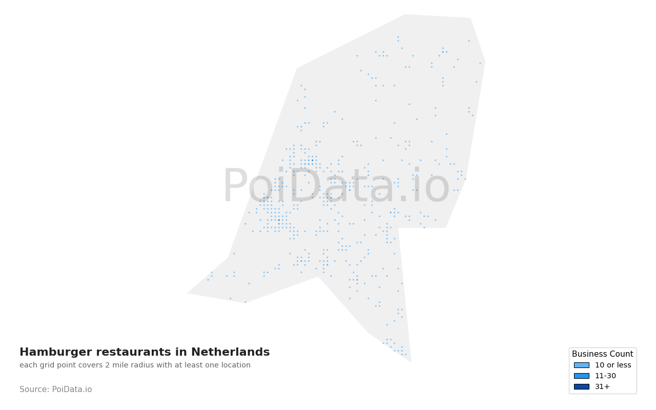 Hamburger restaurant density map for Netherlands