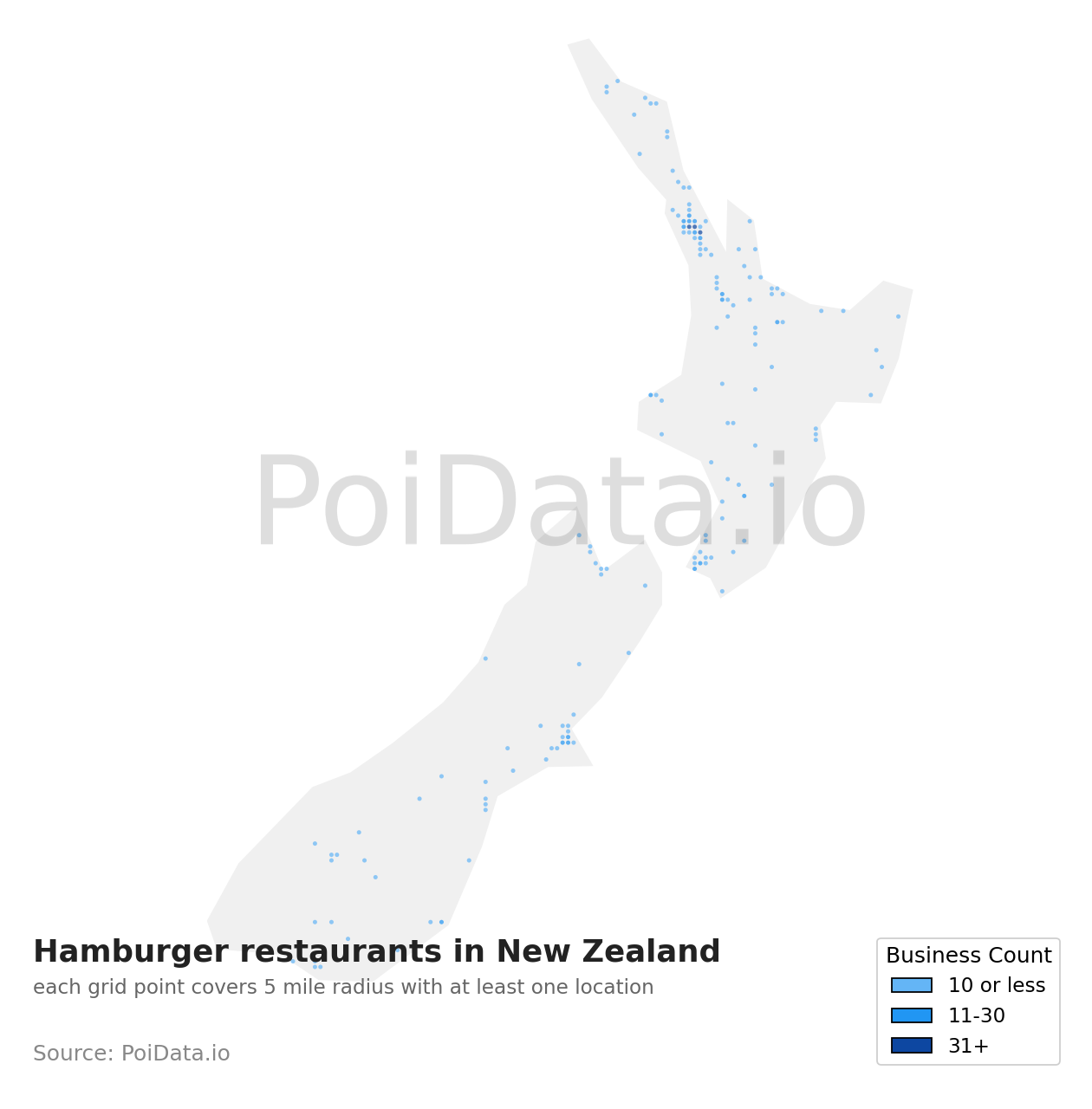 Hamburger restaurant density map for New Zealand