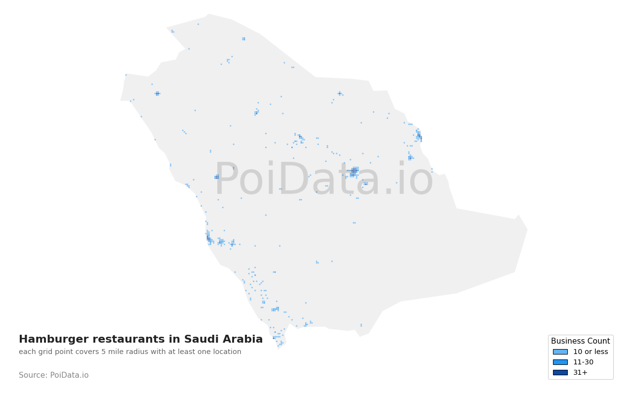 Hamburger restaurant density map for Saudi Arabia