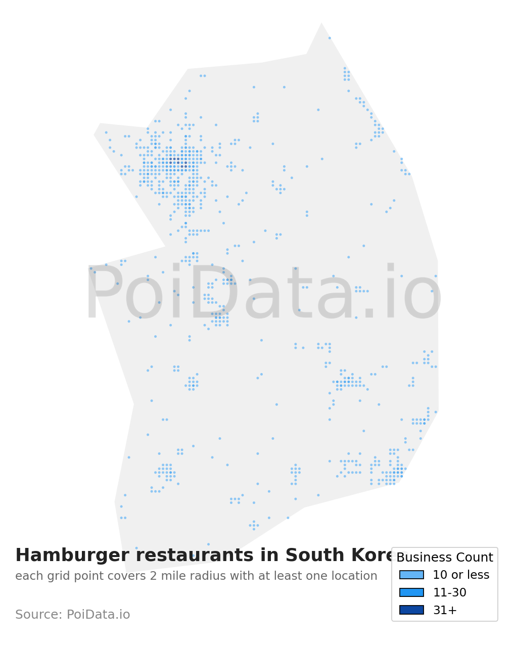 Hamburger restaurant density map for South Korea