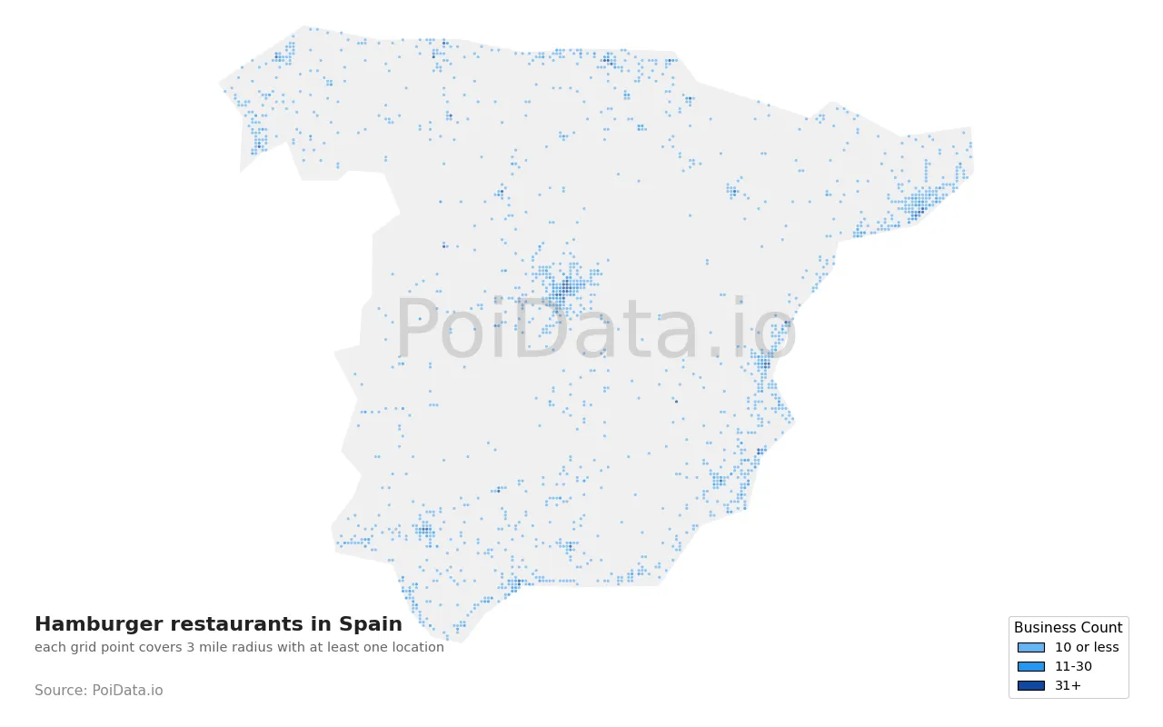 Hamburger restaurant density map for Spain