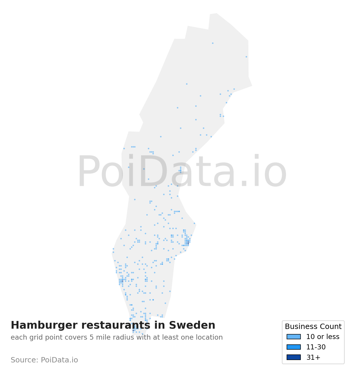 Hamburger restaurant density map for Sweden