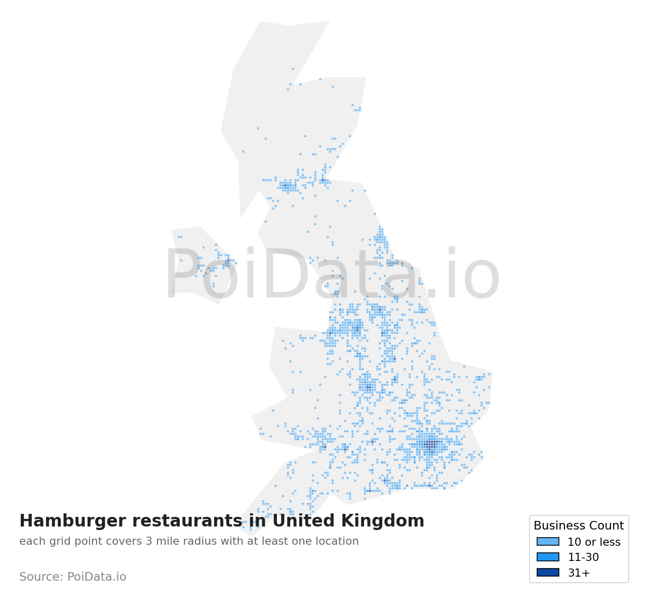 Hamburger restaurant density map for United Kingdom