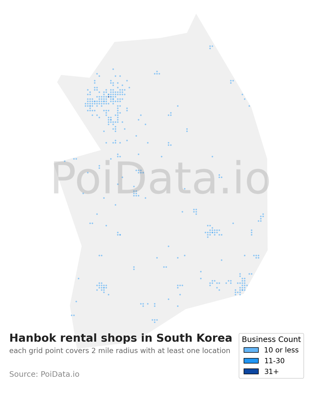 Hanbok rental shop density map for South Korea