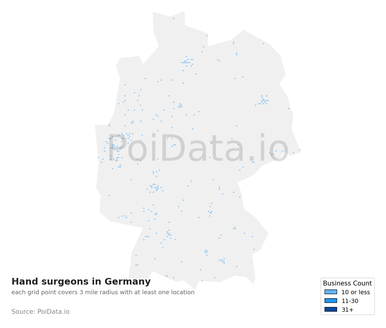 Hand surgeon density map for Germany
