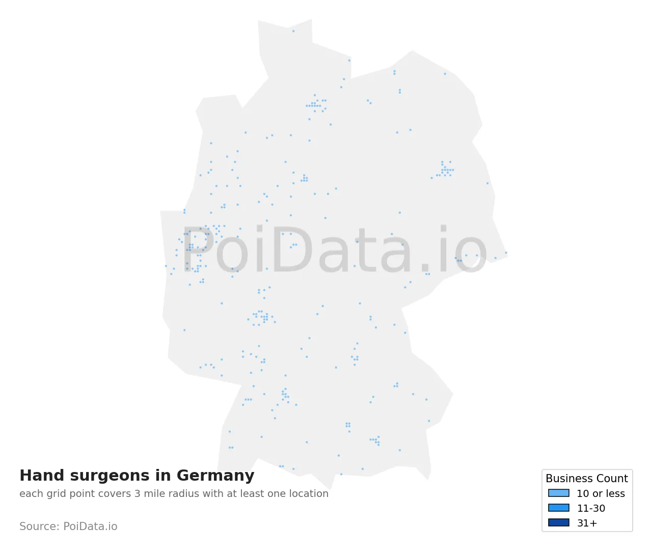 Hand surgeon density map for Germany
