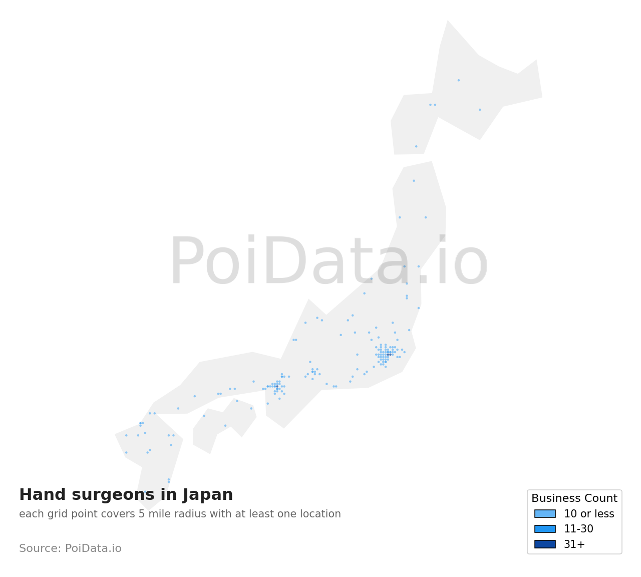 Hand surgeon density map for Japan