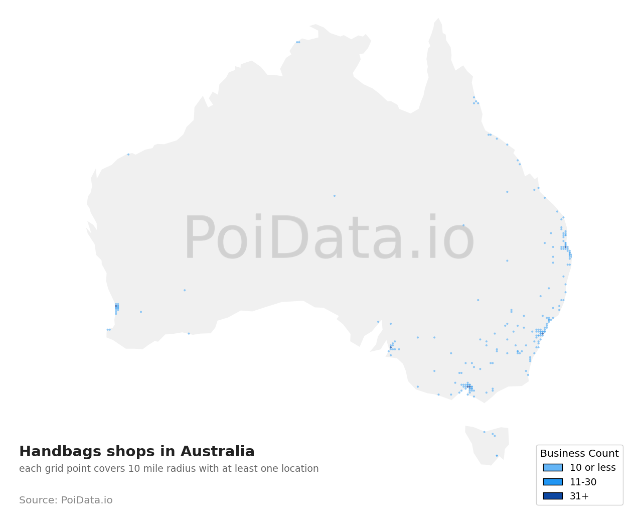 Handbags shop density map for Australia