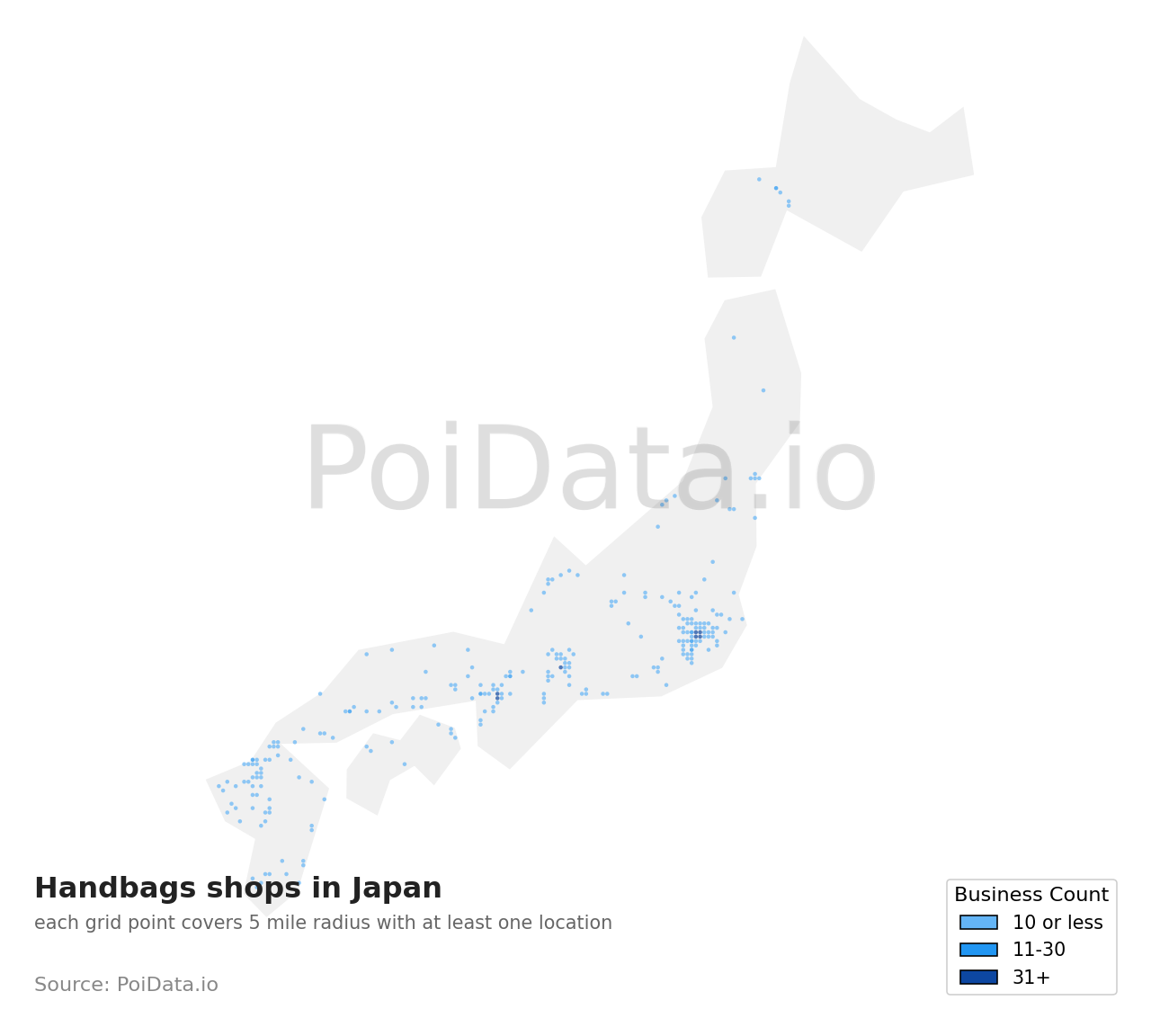 Handbags shop density map for Fukuoka, Japan