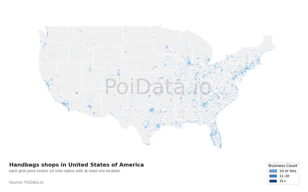 Handbags shop density map for California, United States
