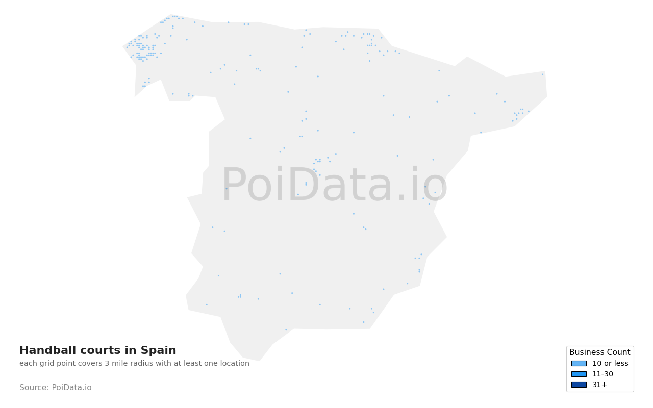 Handball court density map for Spain
