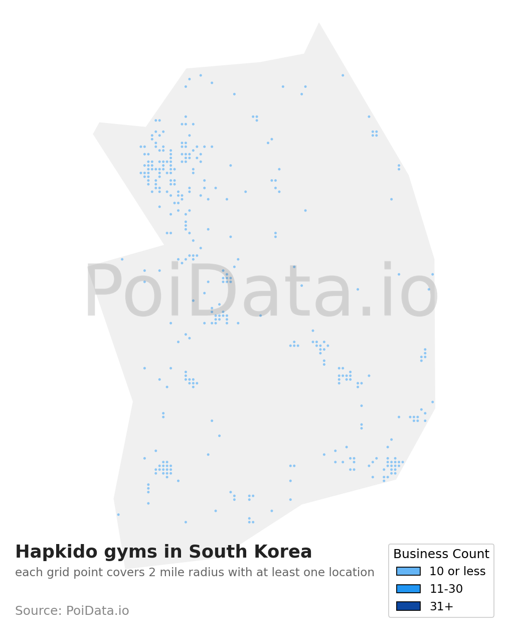 Hapkido gym density map for South Korea