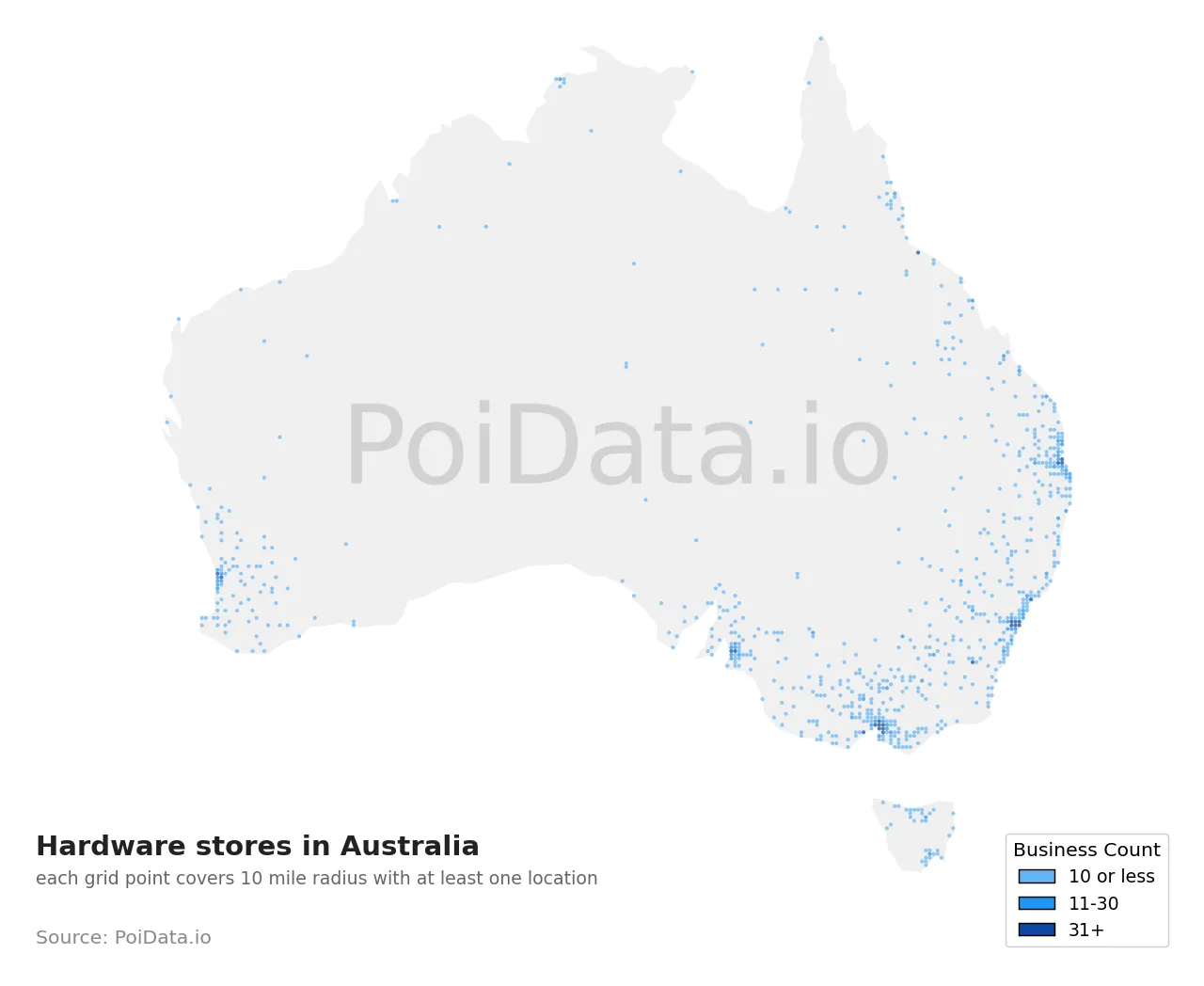 Hardware store density map for Australia