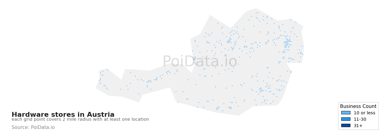 Hardware store density map for Austria