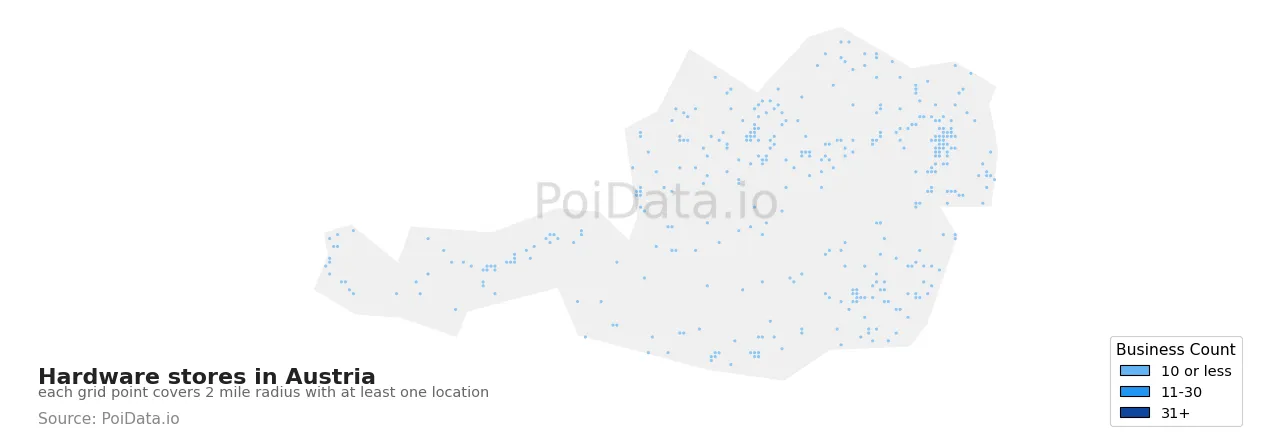 Hardware store density map for Austria